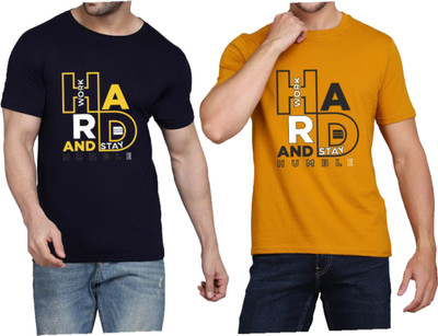 WOOSTRO Printed Men Round Neck Yellow, Navy Blue T-Shirt