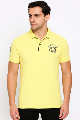 RF Raves Printed, Solid Men Polo Neck Yellow T-Shirt