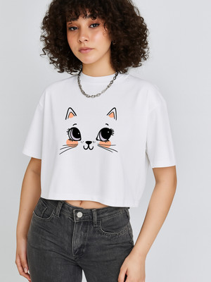 SLENOR Printed Women Round Neck White T-Shirt
