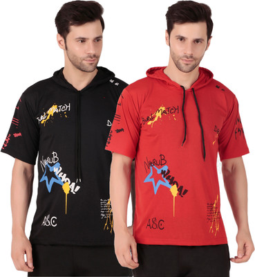 R ROCKIN TEES Printed, Typography Men Hooded Neck Black, Red T-Shirt
