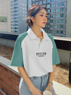 GARBLY Colorblock Women Polo Neck Green, White T-Shirt