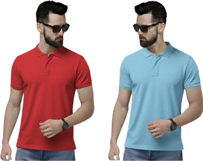 ZODIC FASHION Solid Men Polo Neck Red, Light Blue T-Shirt