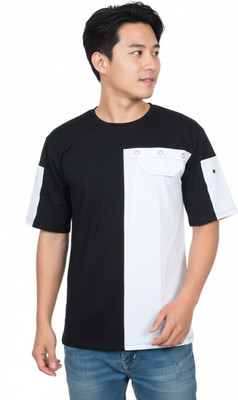 Ajworld Solid Men Round Neck Black, White T-Shirt