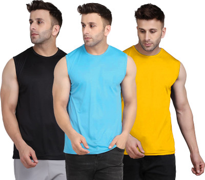 UDI n ADI Solid Men Round Neck Light Blue, Black, Yellow T-Shirt