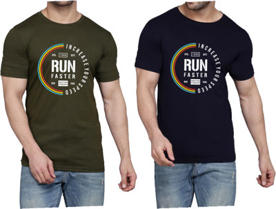WOOSTRO Printed Men Round Neck Dark Blue, Dark Green T-Shirt
