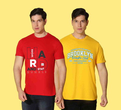WOOSTRO Printed Men Round Neck Yellow, Red T-Shirt