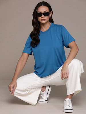 Roadster Solid Women Round Neck Blue T-Shirt