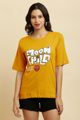 Purser Printed Women Round Neck Yellow T-Shirt