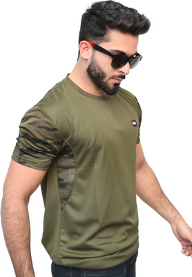 AZYXREN Self Design Men Round Neck Dark Green T-Shirt