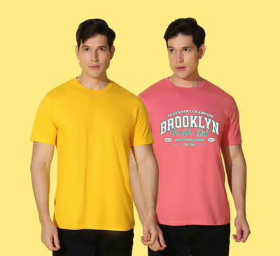 WOOSTRO Printed, Solid Men Round Neck Yellow, Pink T-Shirt
