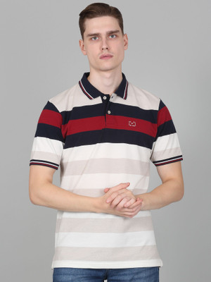 CANTABIL Striped Men Polo Neck Navy Blue T-Shirt