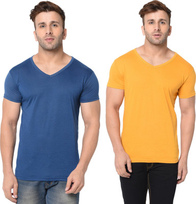 Adorbs Trend Solid Men V Neck Dark Blue, Yellow T-Shirt