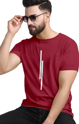 KAJARU Striped Men Round Neck Maroon T-Shirt