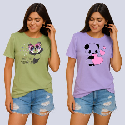 Lecowar Graphic Print Women Round Neck Green, Purple T-Shirt