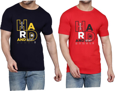 WOOSTRO Printed Men Round Neck Dark Blue, Red T-Shirt