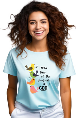 Witty Curls Printed Women Round Neck Blue T-Shirt