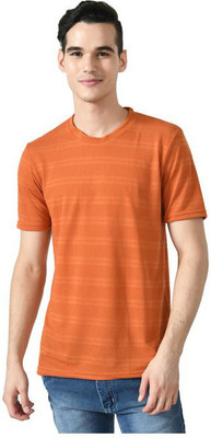 Kavvya Striped Men Round Neck Orange T-Shirt