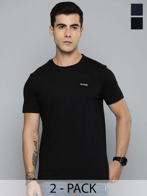 R.Code by The Roadster Life Co. Solid Men Round Neck Black, Navy Blue T-Shirt