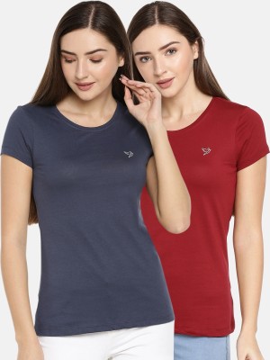 TWIN BIRDS Solid Women Round Neck Dark Blue, Maroon T-Shirt