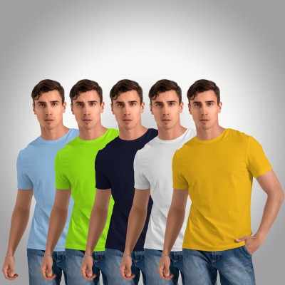 CONTENO Solid Men Round Neck Light Blue, Green, Navy Blue, White, Yellow T-Shirt