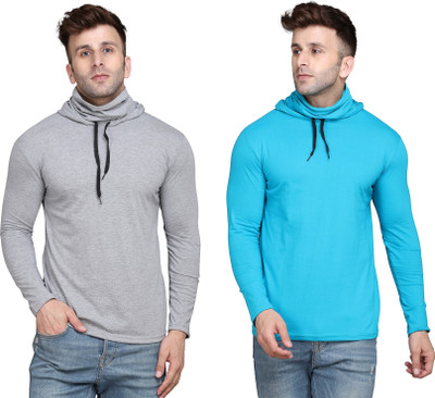 tfurnish Solid Men Hooded Neck Silver, Light Blue T-Shirt