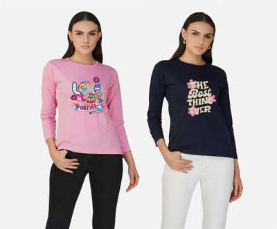 LeeBurg Printed Women Round Neck Pink, Navy Blue T-Shirt