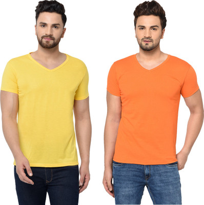 Adorbs Trend Solid Men V Neck Yellow, Orange T-Shirt