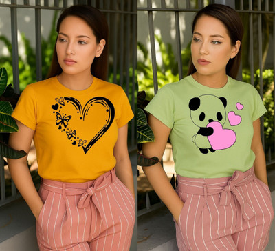 Parona Printed Women Round Neck Yellow, Green T-Shirt