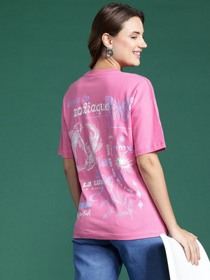 Dressberry Printed Women Round Neck Pink T-Shirt