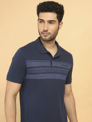 Wrangler Striped Men Polo Neck Blue T-Shirt