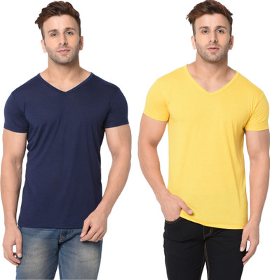 Tresna Trending Solid Men V Neck Dark Blue, Yellow T-Shirt