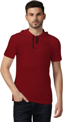 Blisstone Solid Men Hooded Neck Maroon T-Shirt