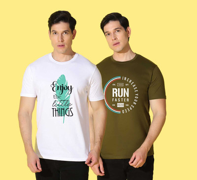 WOOSTRO Printed Men Round Neck Light Green, White T-Shirt