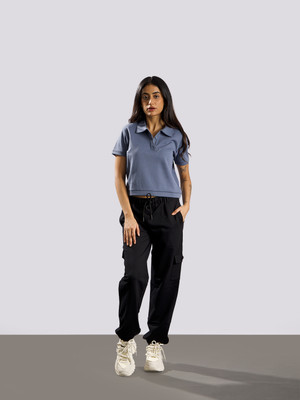 Oneway Solid Women Polo Neck Grey T-Shirt