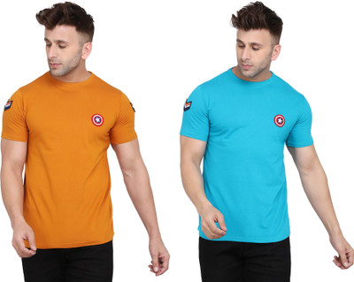Blisstone Solid Men Round Neck Light Blue, Gold T-Shirt