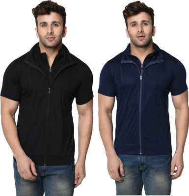 JB Jangoboy Self Design, Solid Men High Neck Dark Blue, Black T-Shirt