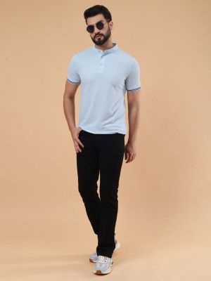 We Perfect Solid Men Mandarin Collar Light Blue T-Shirt