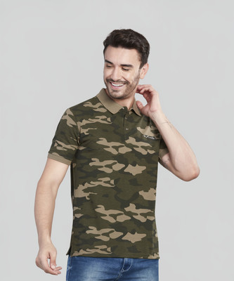 BE POSITIVE Printed Men Polo Neck Dark Green T-Shirt