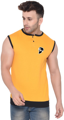 Money Leaf Solid Men Henley Neck Yellow T-Shirt