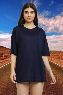 CANIDAE Solid Women Round Neck Dark Blue T-Shirt