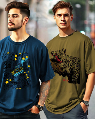 AOOSH Graphic Print Men Round Neck Dark Blue, Green T-Shirt