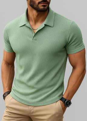 HouseOfCommon Self Design Men Polo Neck Green T-Shirt