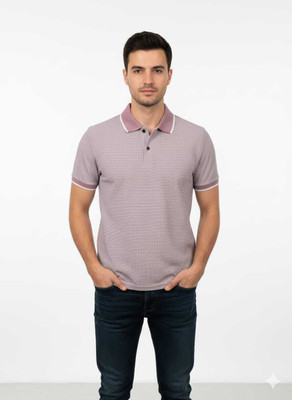 Trinov Geometric Print Men Polo Neck Pink, White T-Shirt