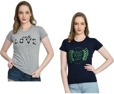 IndiWeaves Printed Women Round Neck Grey, Navy Blue T-Shirt