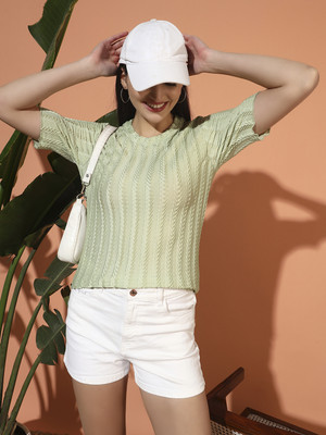 SOMVATI Self Design Women Round Neck Light Green T-Shirt