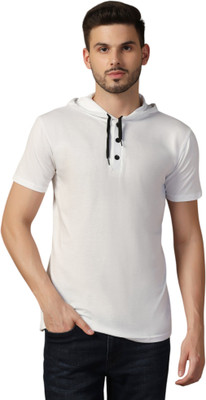 GEUM Solid Men Hooded Neck White T-Shirt