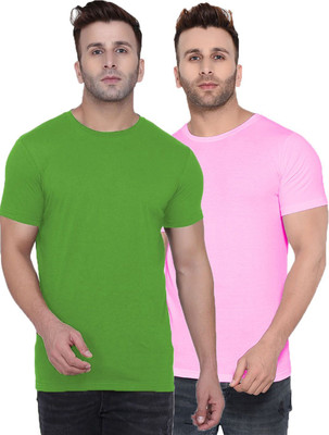 Kroptee Solid Men Round Neck Dark Green, Pink T-Shirt