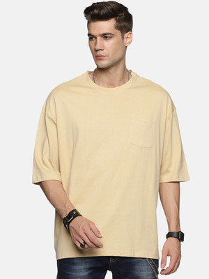 Roadster Solid Men Round Neck Beige T-Shirt