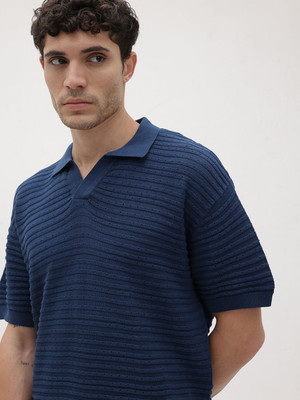 Roadster Self Design Men Polo Neck Blue T-Shirt