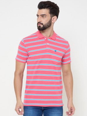 DUKE Striped Men Polo Neck Pink T-Shirt